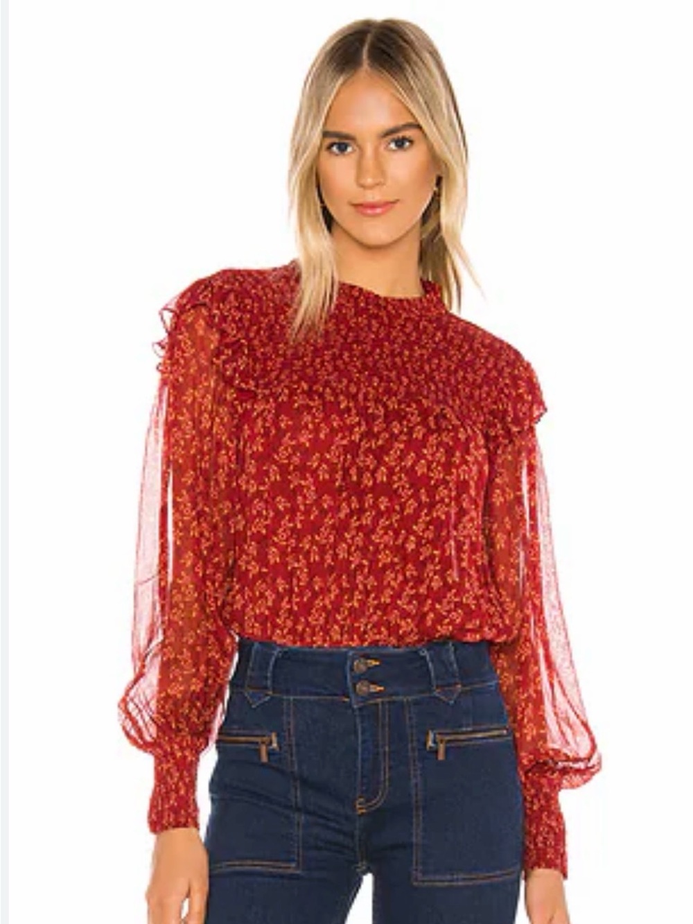 Free People Roma Blouse Boho Peasant Romantic Top Red Floral Viscose Tie XL